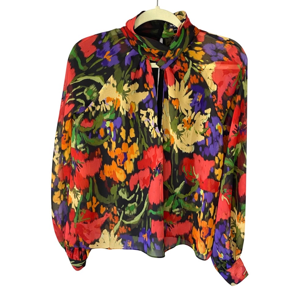 Marciano Guess Womens Red Floral High Neck Keyhole Blouse Size S Long‎ Sleeve